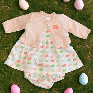 Little Me 3-Piece Baby Girl Easter Bunnies Dress with Cartigan and diaper cover